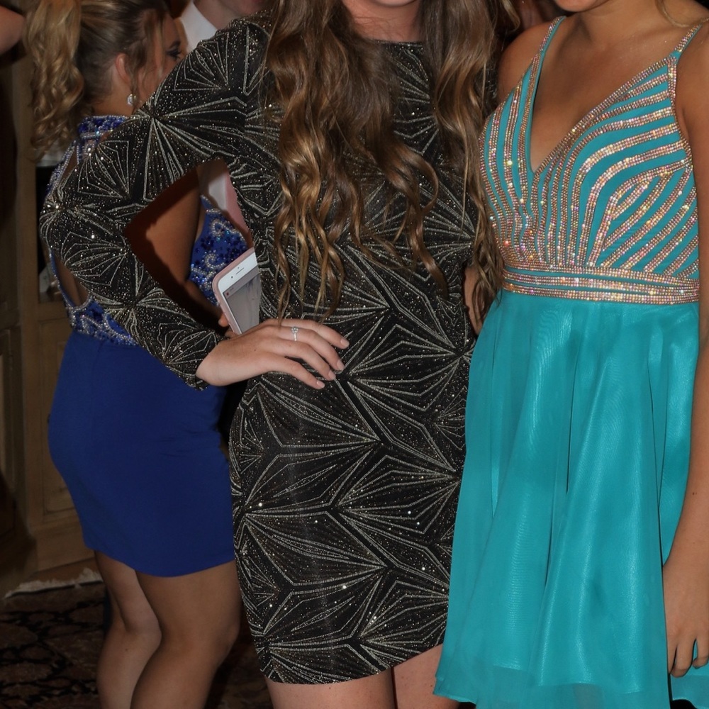 Long Sleeve Black and Gold Mini Dress